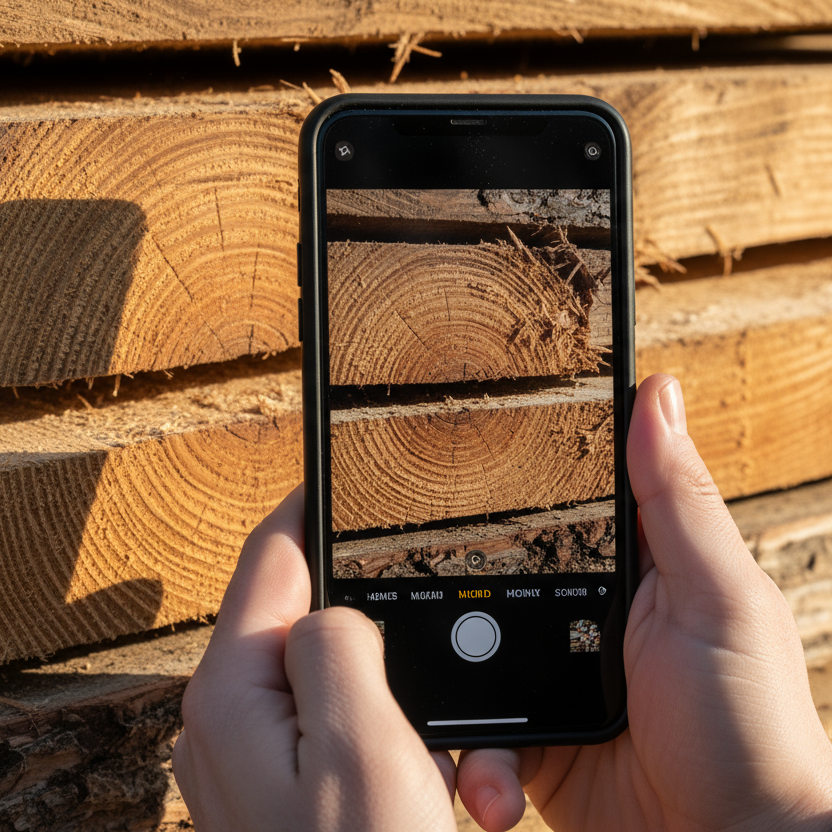 someone using their phone to take a picture of timber