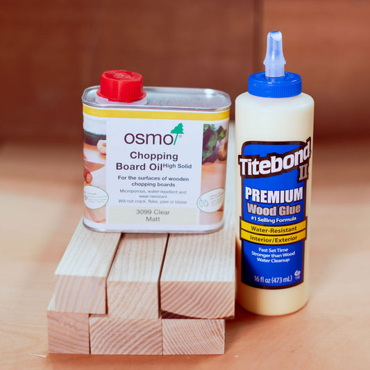 Five pieces of wood, a can of Osmo chopping board oil and some Titebond II Premium wood glue