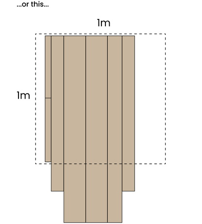 Wooden planks arranged vertically with dimensions labeled as 1 meter.